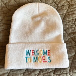 NEW: White “Welcome to Moe’s” Beanie with Colorful Embroidery